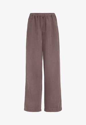 Locker sitzende, braune Hose mit weitem Bein, elastischem Bund und vorderem Kordelzug, gefertigt aus leichtem Stoff, geeignet für legere Trageanlässe.