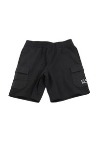 Pantaloni cargo neri realizzati in tessuto leggero, con cintura elastica, due tasche laterali e il ricamo "E.A." sul retro.