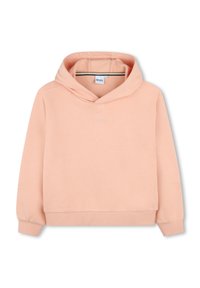 Ροζ πουλόβερ φούτερ από μαλακό ύφασμα, με καγκουρό τσέπη, ριμπ μανσέτες και κεντημένο λογότυπο στο στήθος. Απλός, άνετος σχεδιασμός.