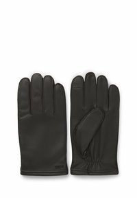 Zwarte leren handschoenen met een gladde textuur, voorzien van een ontwerp met vijf vingers, een aansluitende pols en subtiele stiksels.