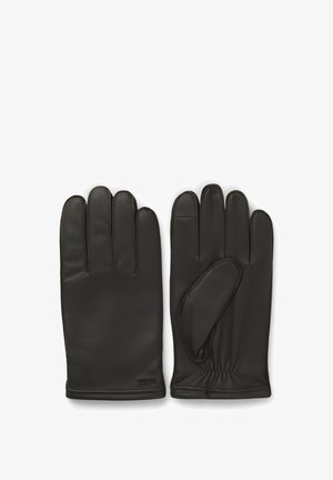 Schwarze Lederhandschuhe mit glatter Textur, ausgestattet mit einem Fünf-Finger-Design, enganliegendem Handgelenk und dezenten Nähdetails.