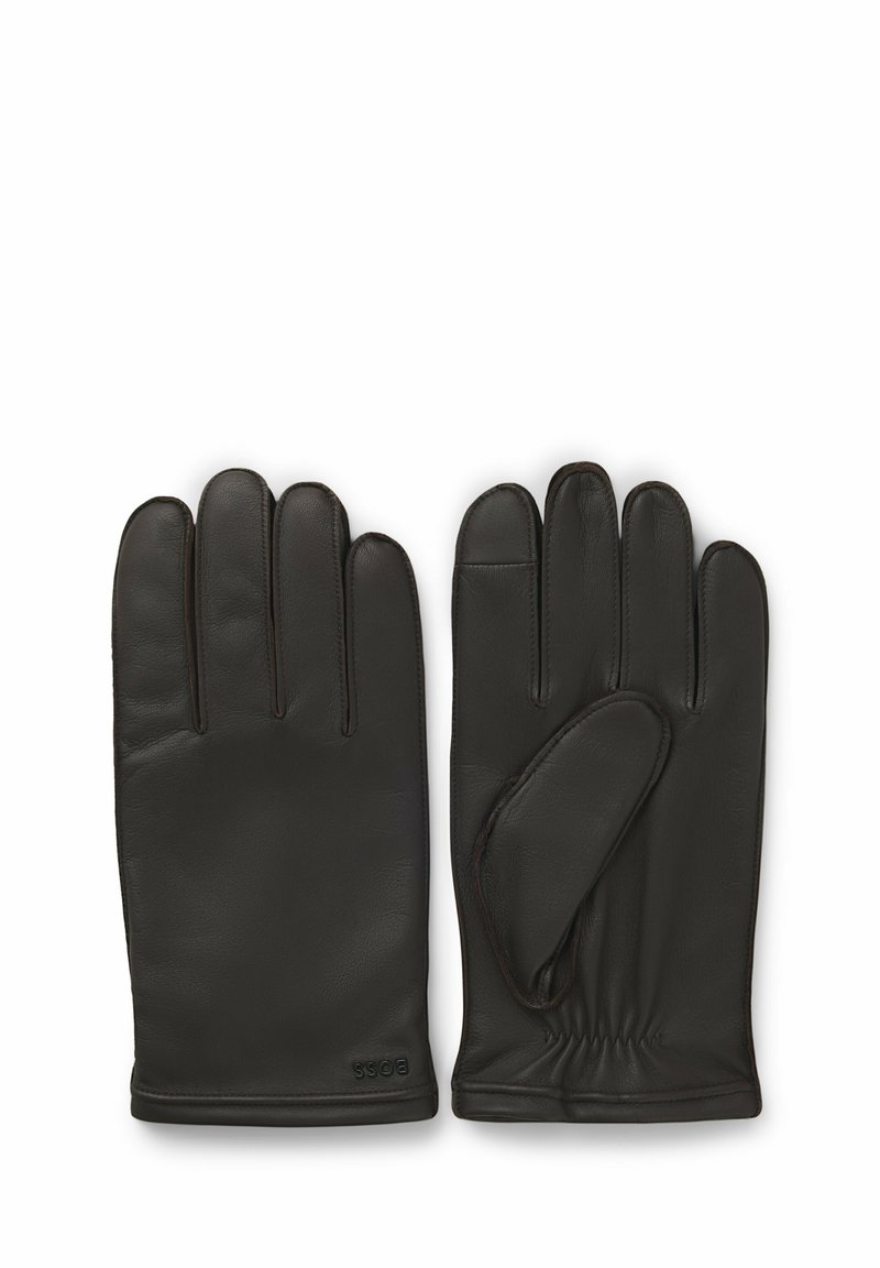 Zwarte leren handschoenen met een gladde textuur, voorzien van een ontwerp met vijf vingers, een aansluitende pols en subtiele stiksels.