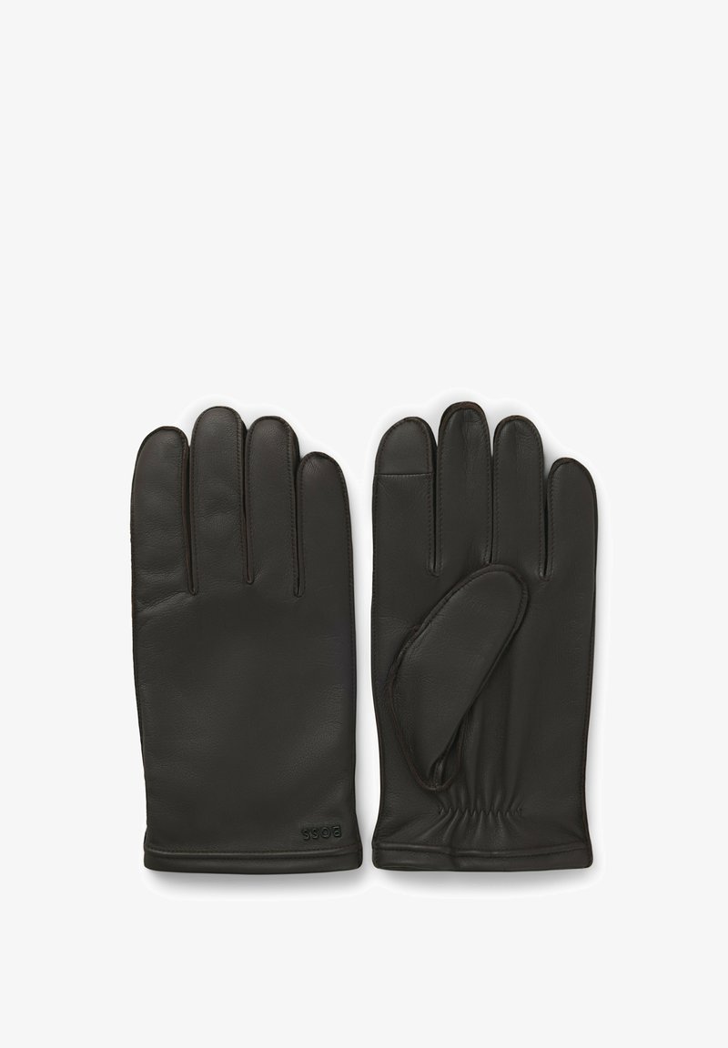 Zwarte leren handschoenen met een gladde textuur, voorzien van een ontwerp met vijf vingers, een aansluitende pols en subtiele stiksels.