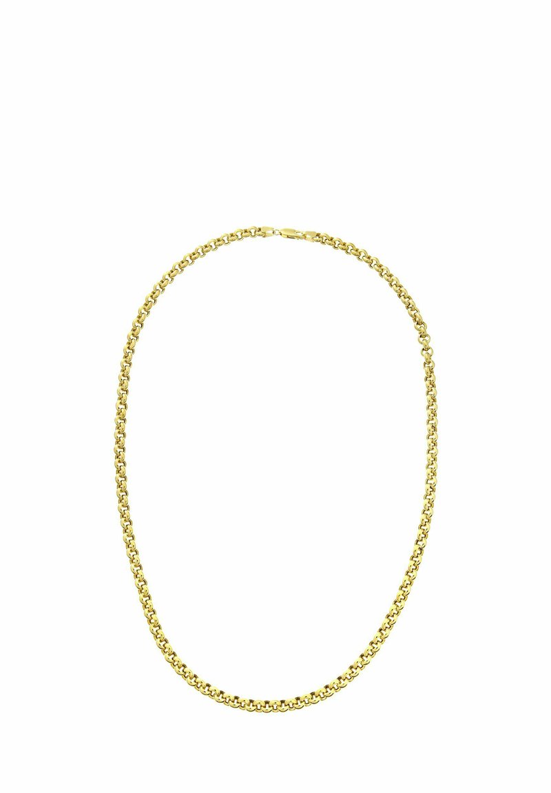 Kultaketjunecklace, jossa on pyöreät lenkit, sileä pinta ja klassinen muotoilu. Varustettu turvallisella soljella.