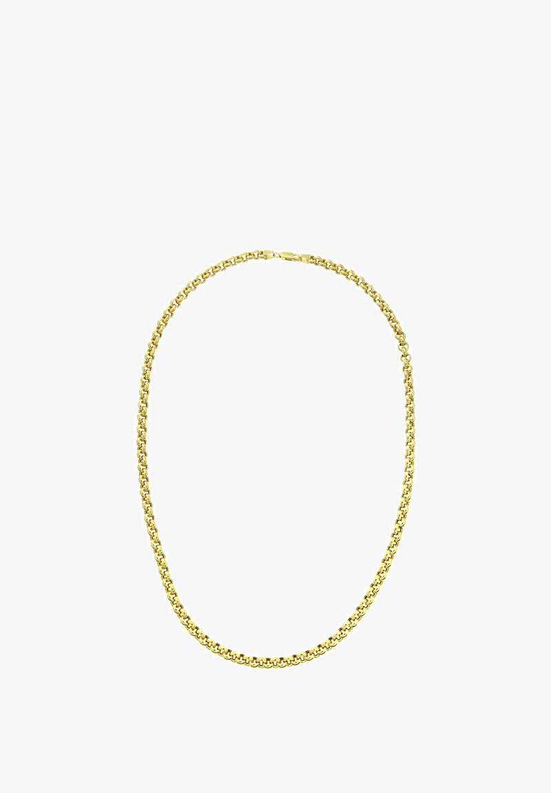 Gold-tone chain necklace with round links, smooth texture, and a classic design. Features a secure clasp for closure.