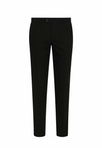 Pantaloni neri su misura con design a gamba dritta, dotati di chiusura frontale con bottone e tasche laterali discrete. Tessuto dalla texture liscia.