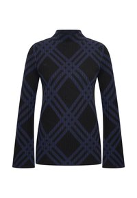 Suéter de punto ribeteado en negro y azul que presenta un patrón geométrico con formas de diamante y mangas alargadas. Cuello alto con un diseño ajustado.