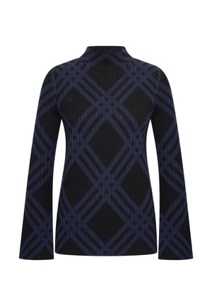 Black and blue ribbed pullover sweater featuring a geometric pattern with diamond shapes and elongated sleeves. High neckline with a fitted design.