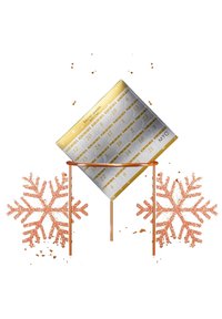Calendario da parete in oro e argento con date, sospeso su un supporto in rame, circondato da fiocchi di neve decorativi in rame e scintillii.