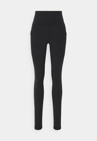 Musta korkeavyötäröinen legginssit, joissa on sileä pinta ja istuva muotoilu. Varustettu sivutaskuilla ja saumattomalla vyötärönauhalla mukavuutta varten.