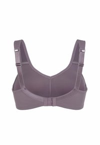 Harmaa-violetti langaton rintaliivi, jossa on säädettävät hihnat, sileä pinta ja takana hakas- ja silmukkakiinnitys.