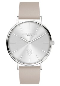 Zilveren horloge met een minimalistische ronde wijzerplaat, zilveren marker indicatoren en een lichtbeige leren band. Logo "LIEBESKIND BERLIN" weergegeven.