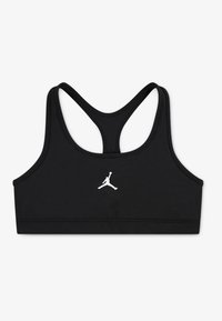 Sutien sport negru cu design tip racerback, realizat dintr-un material neted. Prezintă un logo Jumpman alb în față. Nu are burete sau căptușeală vizibilă.
