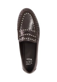Brown leather loafer with studded accents. Features a rounded toe, gathered stitching along the edge, and a textured sole.