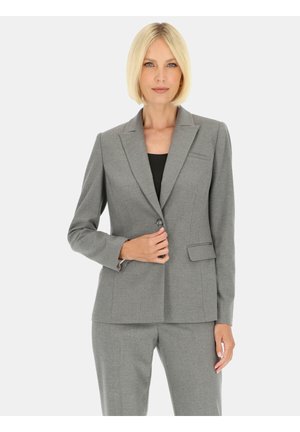 Szary dopasowany żakiet z klapami, jednoprzyciskowym zapięciem i kieszeniami z przodu. Wykonany z teksturowanej tkaniny, o slim fit.