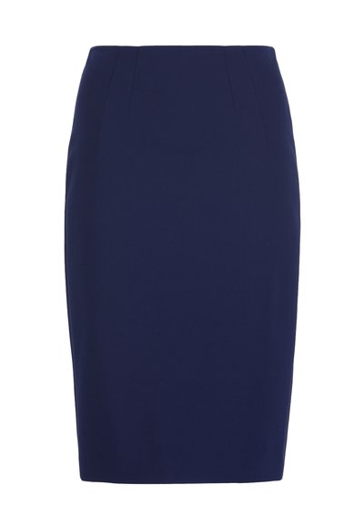 Navy blue, knee-length pencil skirt with a fitted waist and subtle vertical seam details.