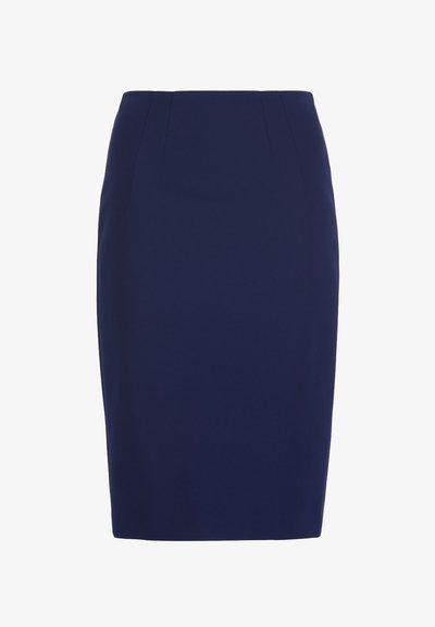 Navy blue, knee-length pencil skirt with a fitted waist and subtle vertical seam details.