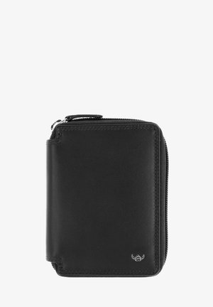 Portefeuille noir en cuir avec fermeture éclair sur tout le tour et petit logo métallique dans le coin inférieur droit, présenté fermé sur fond blanc.