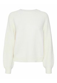 Maglione bianco lavorato a maglia con scollatura rotonda, maniche a palloncino e polsini e orlo a coste. Texture morbida con un design leggermente svasato.
