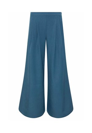 Pantalones azules de pierna ancha con cintura alta y pliegues delanteros, recortados por encima del tobillo, hechos de una tela lisa.