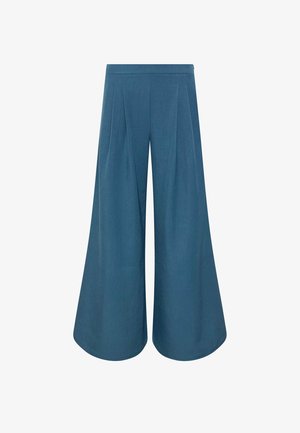 Wide-leg blue trousers with a high waist and front pleats, cropped above the ankle, made of a smooth fabric.