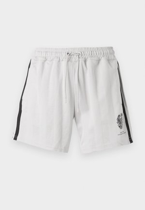 Light gray cotton shorts with an elastic waistband, drawstring, side black stripes, and a graphic design on the lower left leg.