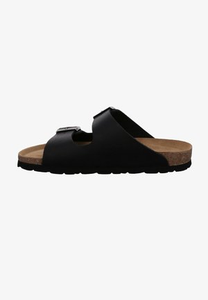 Zwarte slidingsandalen met een kurken voetbed, een platte rubberen zool en een enkele verstelbare band met een metalen gesp. Gladde buitenkant.