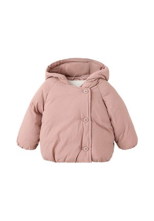 Chaqueta acolchada para bebé con capucha en color rosa, con tres botones delanteros y puños elásticos, mostrada sobre un fondo blanco.