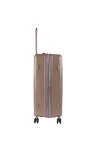 Maleta rígida en marrón claro mate con un asa retráctil, doble cremallera y cuatro ruedas giratorias para mayor movilidad.