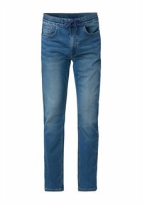 Joggers de denim en azul medio con una cinturilla elástica y cordón ajustable, corte recto, dos bolsillos frontales y una textura suave.