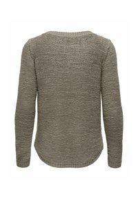 Pull en maille à manches longues marron avec un motif côtelé horizontal texturé, ourlet arrondi et poignets et encolure côtelés, vu de dos.