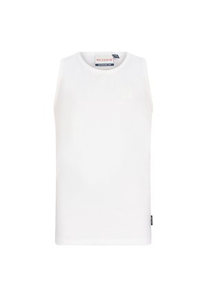 Biały bawełniany top bez rękawów z okrągłym dekoltem, metką marki wewnątrz kołnierza i na boku szwu.