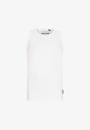 Witte mouwloze katoenen tanktop met ronde halslijn en merkembleem aan de binnenkant van de kraag en op het zijnaden.