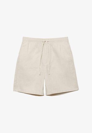 Beige casual shorts with elastic waistband and drawstring, knee-length, made of lightweight fabric.