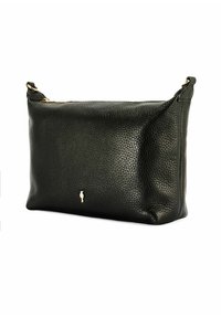 Czarna skórzana torebka o teksturowanym wykończeniu, z zamkiem błyskawicznym i złotym akcentem w postaci logo. Posiada odpinany pasek dla większej wszechstronności.