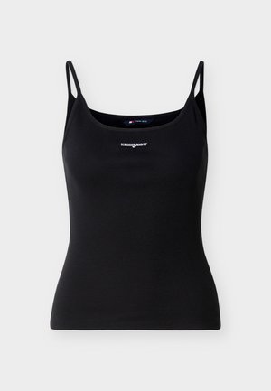 Melna ribota topiņa ar plānām lencītēm un "tommy jeans" logotipu baltā izšuvumā krūšu vidū.