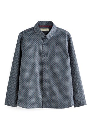 Langærmet skjorte med knapper i navy blå med et geometrisk mønster i rød og creme. Har krave og lige kant. Materiale i bomuldsblanding.