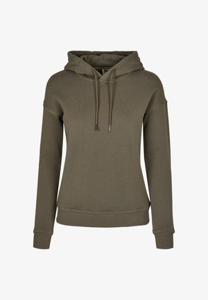 Oliivinvihreä huppari, joka on valmistettu pehmeästä kankaasta. Siinä on nyörihuppu, ribbaus hihansuissa ja helmassa, rento istuvuus ja ei näkyviä kuvioita.