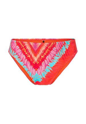 Bikini bund i en livlig orange farve med et geometrisk tie-dye mønster i pink og cyan. Har blødt stof og elastisk talje for komfort.