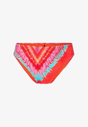 Vibrant oranje bikini onderkant met een geometrisch tie-dye patroon in roze en cyaan. Heeft zacht materiaal en een elastische tailleband voor comfort.