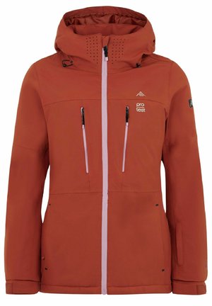 Orange waterproof jacket with a hood, featuring two zippered pockets, a front zipper, and perforated detailing on the hood.