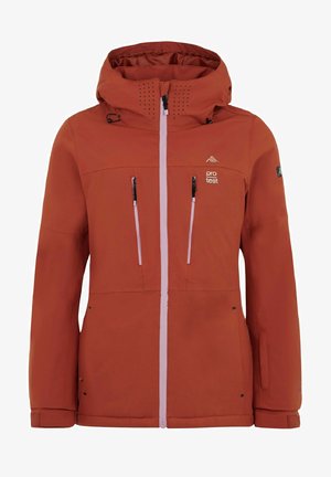 Orange waterproof jacket with a hood, featuring two zippered pockets, a front zipper, and perforated detailing on the hood.