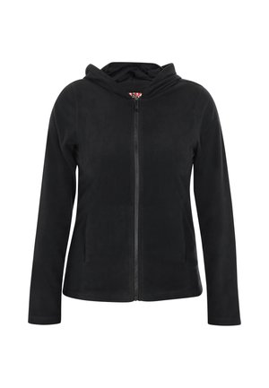 Črna flis jakna z zadrgo spredaj in kapuco. Mehka tekstura, dolgi rokavi in stranske žepe. Preprost, funkcionalen dizajn.