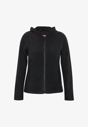 Czarna polarowa kurtka z zamkiem z przodu i kapturem. Miękka faktura, długie rękawy i boczne kieszenie. Prosty, funkcjonalny design.