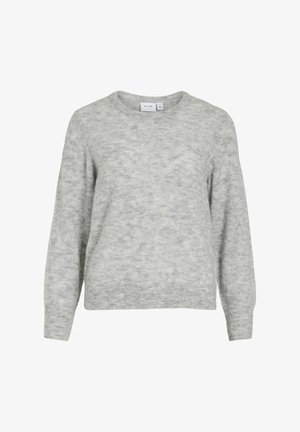 Ljusgrå, mjuk stickad tröja med rund halsringning, långa ärmar och ribbade muddar och nederkant. Har ett subtilt mönster av textur genom hela.