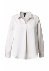 Blusa a maniche lunghe in morbido e leggero tessuto beige. Presenta un colletto a punta e un collo a V con una piega frontale, una texture liscia e un orlo arrotondato.