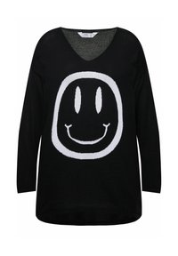 Maglione nero lavorato a maglia con una grande grafica di una faccina sorridente bianca, dotato di scollatura a V, maniche lunghe e un orlo posteriore leggermente più lungo.