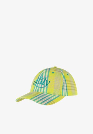 Geel-groen geruite honkbalpet met gebogen klep en turquoise geborduurde tekst op het voorpaneel.
