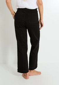 Pantalones de pierna ancha negros con una textura suave, que cuentan con bolsillos traseros y una cinturilla simple, mostrados desde la vista trasera.