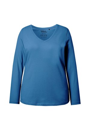 Modré tričko s dlouhým rukávem a výstřihem do V, vyrobené z měkké bavlny s hladkou strukturou. Má zakřivený spodní lem a pohodlný střih.
